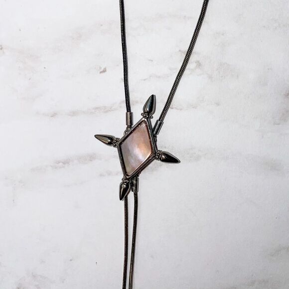 Shop Dixi Three Layered Necklace Gunmetal Gray with Pink Stone Center - Picture 3 of 6